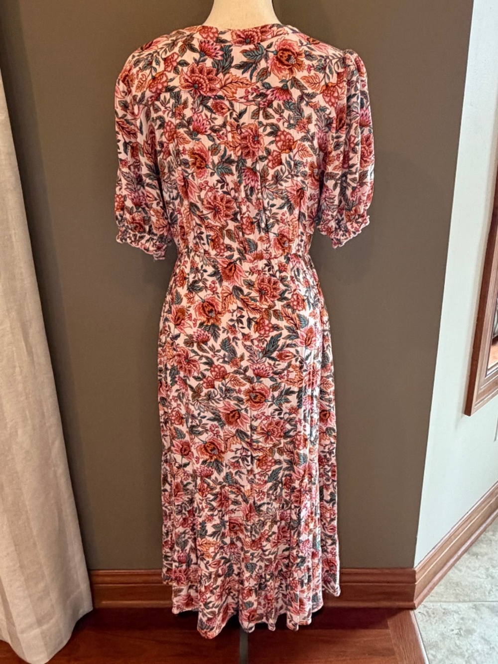 Indigo Rose Pink Floral Maxi Dress Button Down Tiered, V-neck, Size Medium - Picture 3 of 14